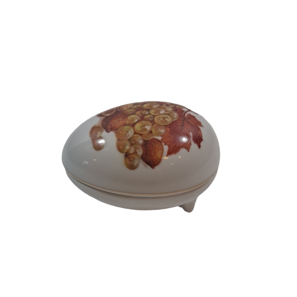 Vintage Crown West Egg Shape Footed Trinket Box Fine Porcelain Walnuts Grapes